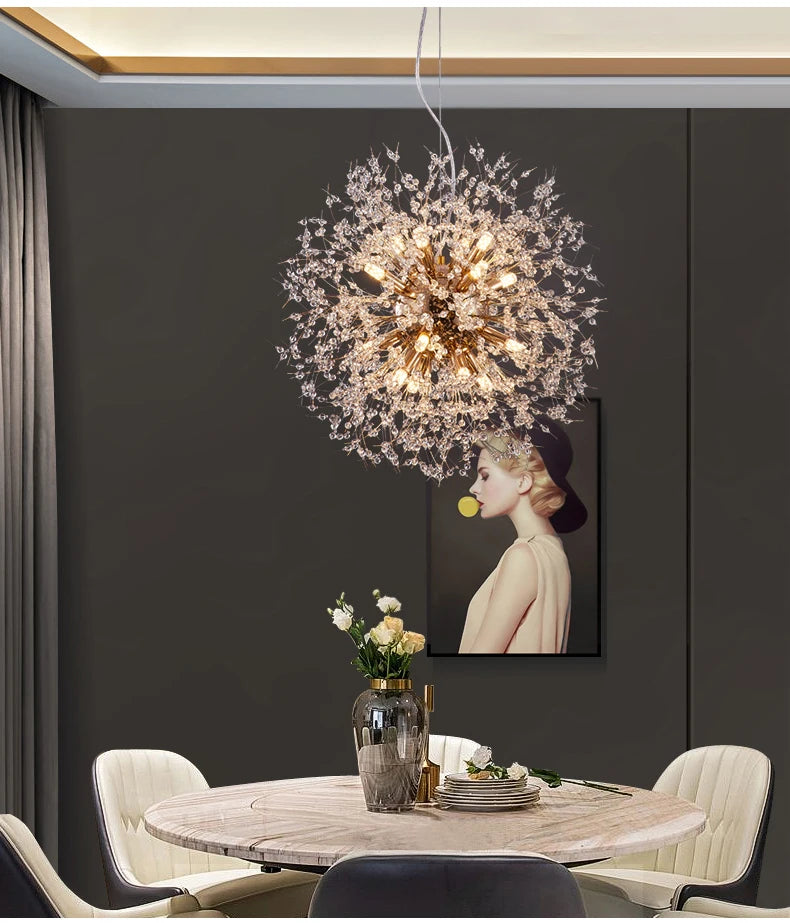 Crystal Dandelion Pendant Lamp Dining Table Home Decor Hanging Light Living Room Bedroom Restaurant Shop Droplight Chandelier