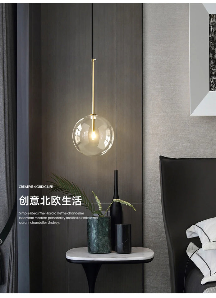 Modern Led Pendant Lamp Glass Ball  Bedroom Hanging Nordic Living Indoor Decor Lighting Kitchen Bar Round Gold Suspension Lights