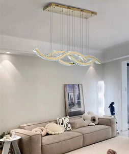 2024 Dining Room Lustre Remote Control Dimmable Pendant Lights Luxury K9 Crystal Hang Chandelier Wave Steel Lamp Fixtures