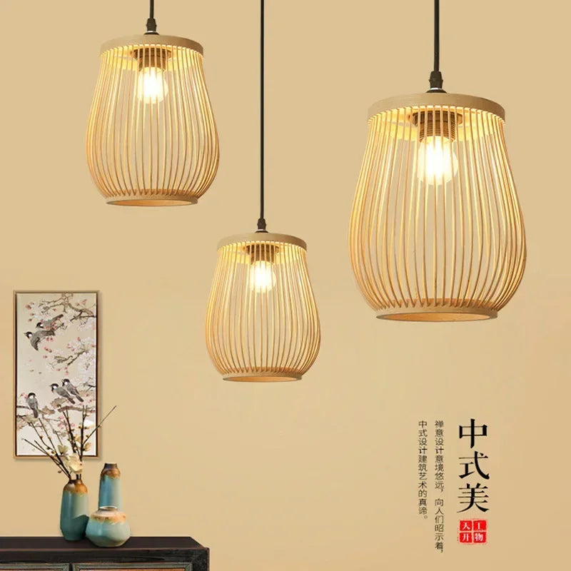 Chinese Rattan Wicker Pendant Lamp Lustre Bamboo Wood Chandelier Ceiling Light Handmade E27 for Home Living Ding Bed Room Decor