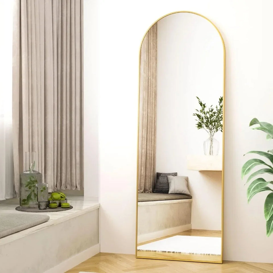 64"x21" Arched Full Free Standing Leaning Mirror Hanging Mounted Mirror Aluminum Frame Modern Simple Home Decor , Gold