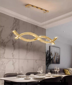 2024 Dining Room Lustre Remote Control Dimmable Pendant Lights Luxury K9 Crystal Hang Chandelier Wave Steel Lamp Fixtures