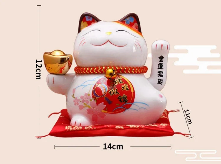 5 inch Ceramic Fortune Cat Waving Hand Lucky Cat Plutus Cat Battery Powered Feng Shui Maneki Neko Best Gift Home Decoration