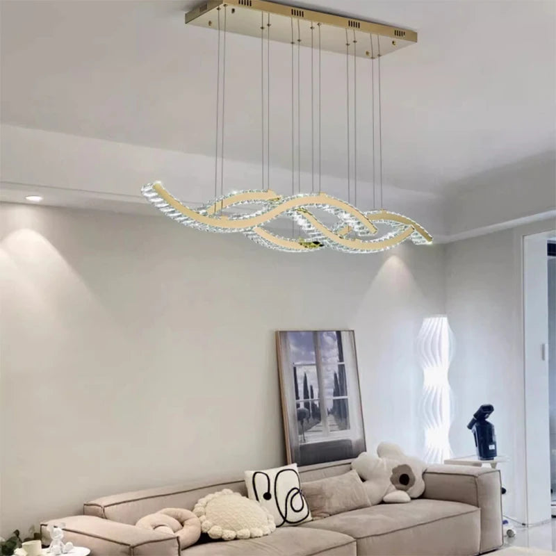 2024 Dining Room Lustre Remote Control Dimmable Pendant Lights Luxury K9 Crystal Hang Chandelier Wave Steel Lamp Fixtures