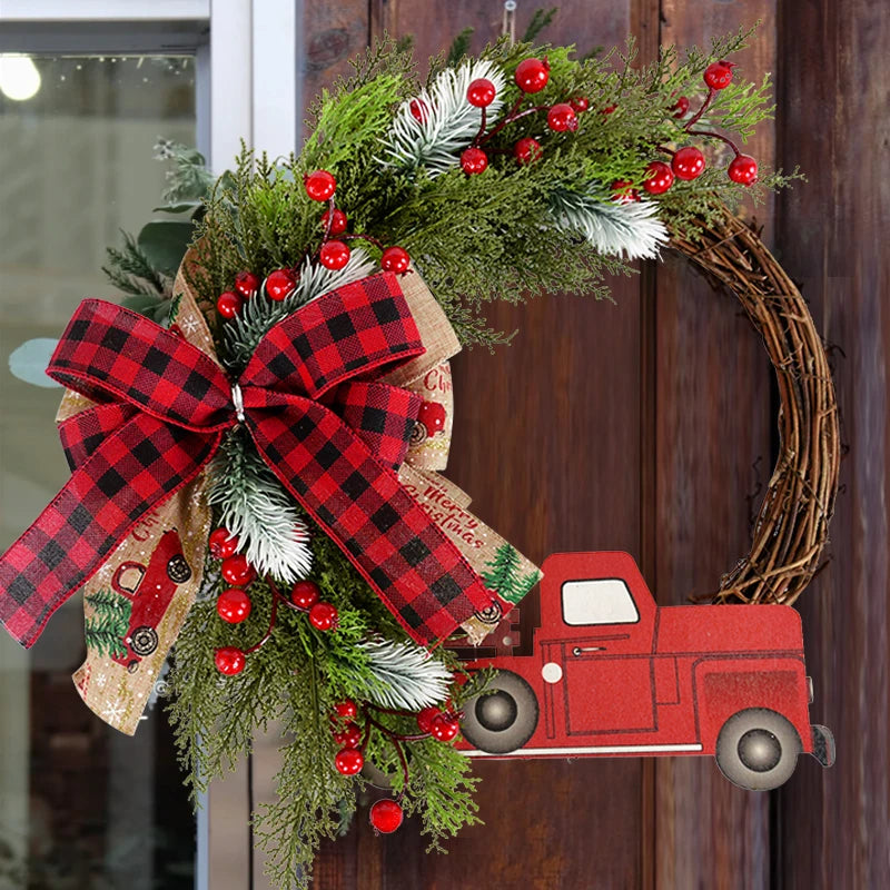 38CM Christmas Door Wreath Garland Wooden Car Red Berry Wall Hanging Ornament Merry Christmas Decoration for Home  New Year 2024