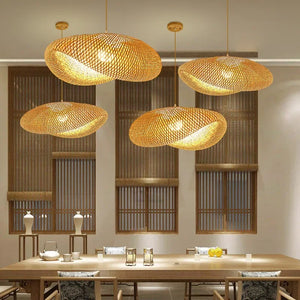 Bamboo Chandelier Pendant Lamp Hanging Wood Ceiling Light Decor LED Chinese Hand Kitted Handmade Lighting for Home Living Room