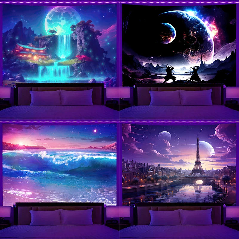 Fluorescent wall hanging fantasy starry sky planet city scenery tapestry art background cloth bedroom room home decoration