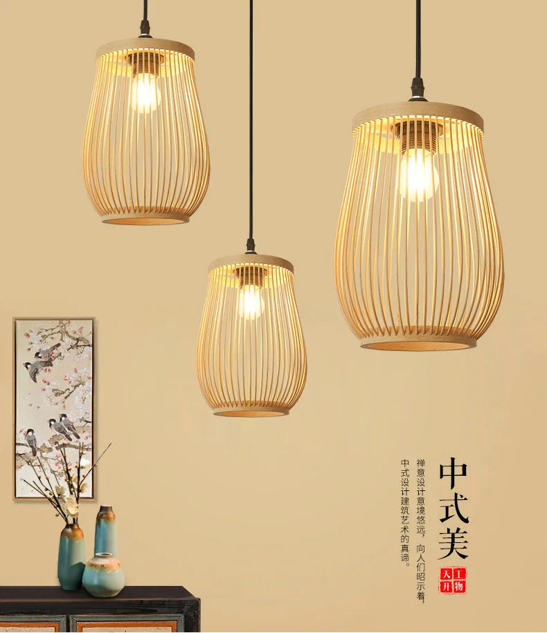 Chinese Rattan Wicker Pendant Lamp Lustre Bamboo Wood Chandelier Ceiling Light Handmade E27 for Home Living Ding Bed Room Decor