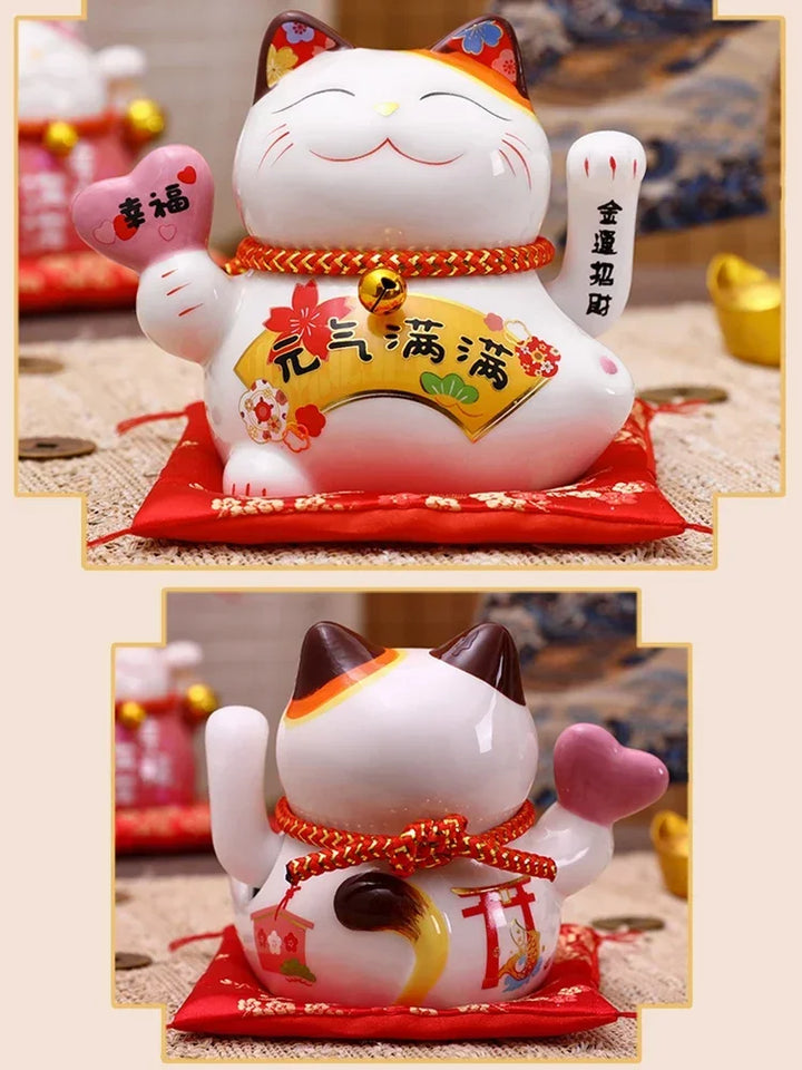 5 inch Ceramic Fortune Cat Waving Hand Lucky Cat Plutus Cat Battery Powered Feng Shui Maneki Neko Best Gift Home Decoration