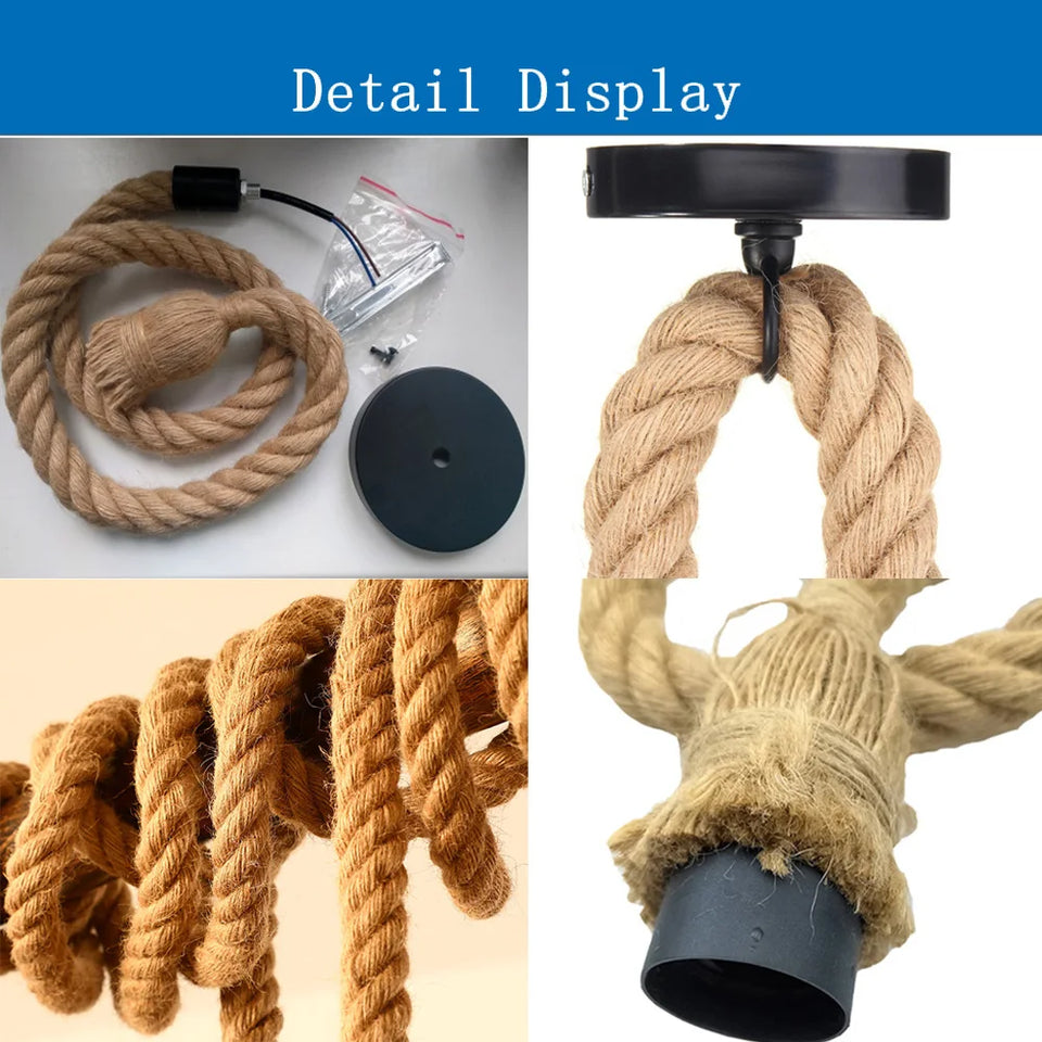 Retro Vintage Hemp Rope Pendant Light American Industrial Hanging Lamps Creative Loft Country Style Ceiling Lamps E27 Edison LED