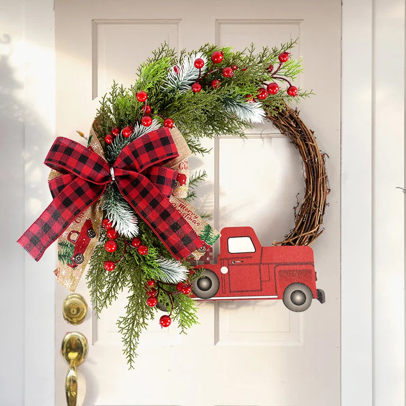 38CM Christmas Door Wreath Garland Wooden Car Red Berry Wall Hanging Ornament Merry Christmas Decoration for Home  New Year 2024