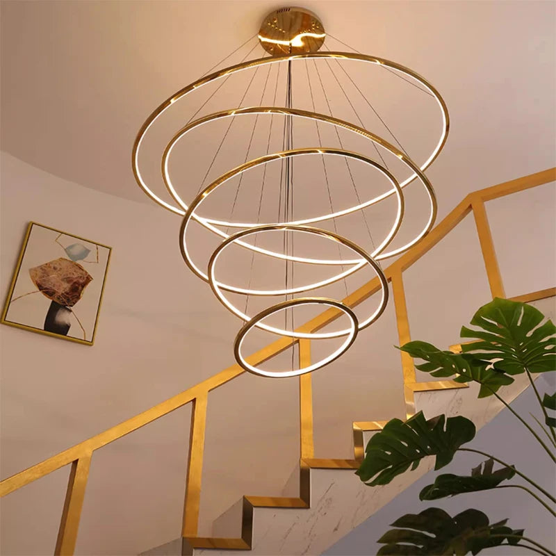 Ring lamp LED chandelier dining room bedroom duplex floor living room large chandelier staircase loft stainless steel chandelier