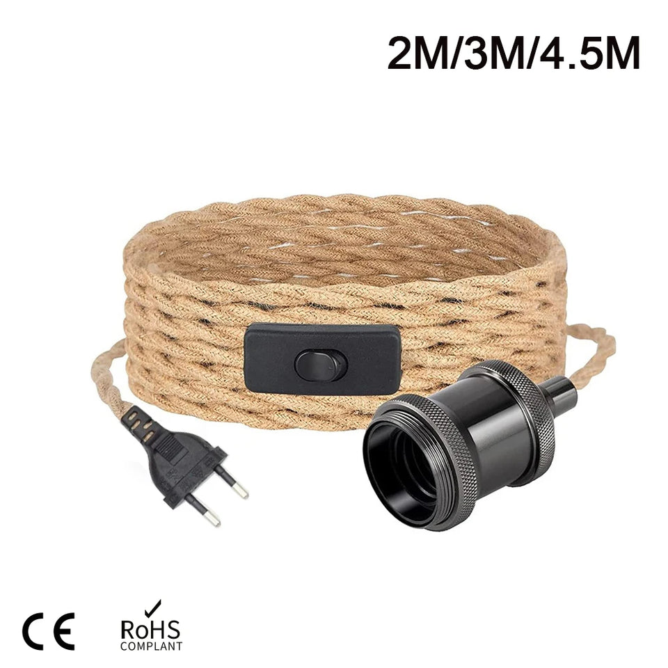 4.5M Power Cord Pendant Light Twist Hemp Rope Cables E26 E27 Lamp Holder EU Plug with Switch Wire Edison Bulb Socket Cord Cable