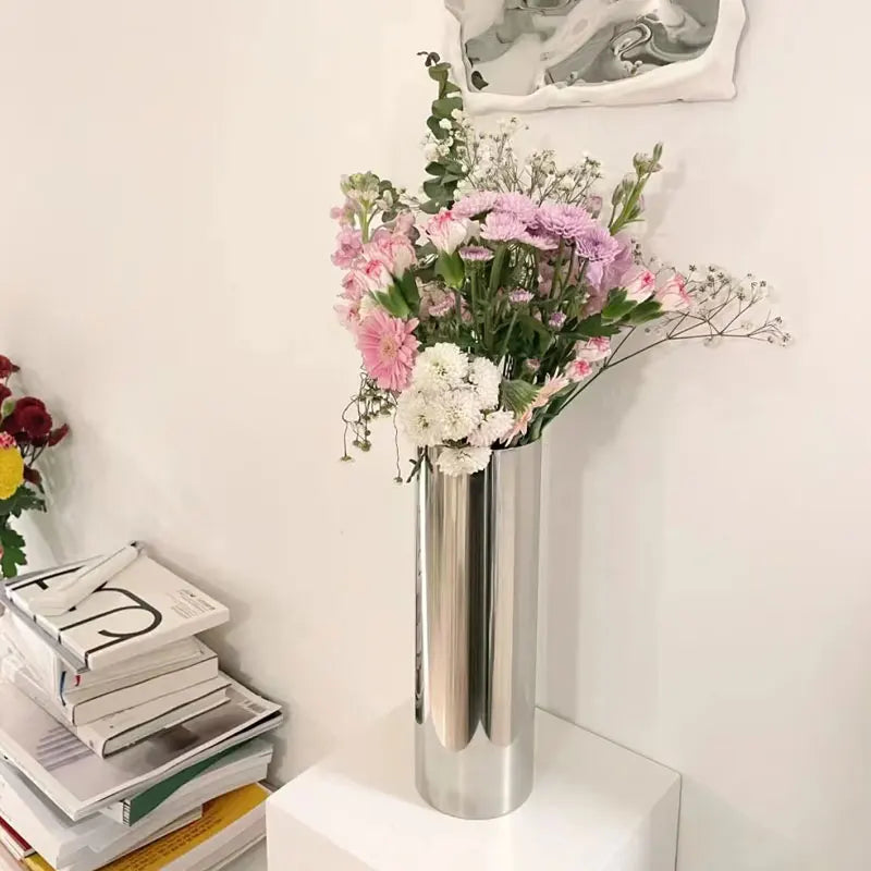 9x28Hcm SUS304 Stainless Steel Vase Decorative Centerpiece For Home or Wedding (Silver)