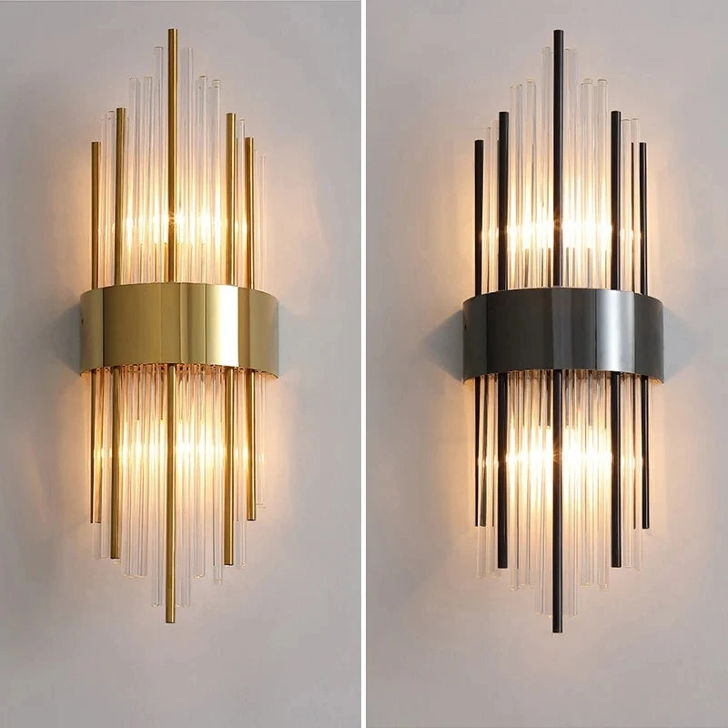 Luxury Modern Nordic Wall Lamp Indoor Glass Crystal Tube Iron Body Lampshade Sconce Light Up Down Bedroom Decor Corridor Lustres