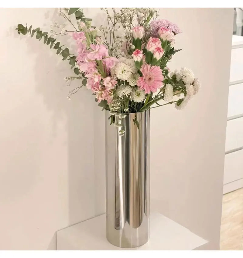 9x28Hcm SUS304 Stainless Steel Vase Decorative Centerpiece For Home or Wedding (Silver)