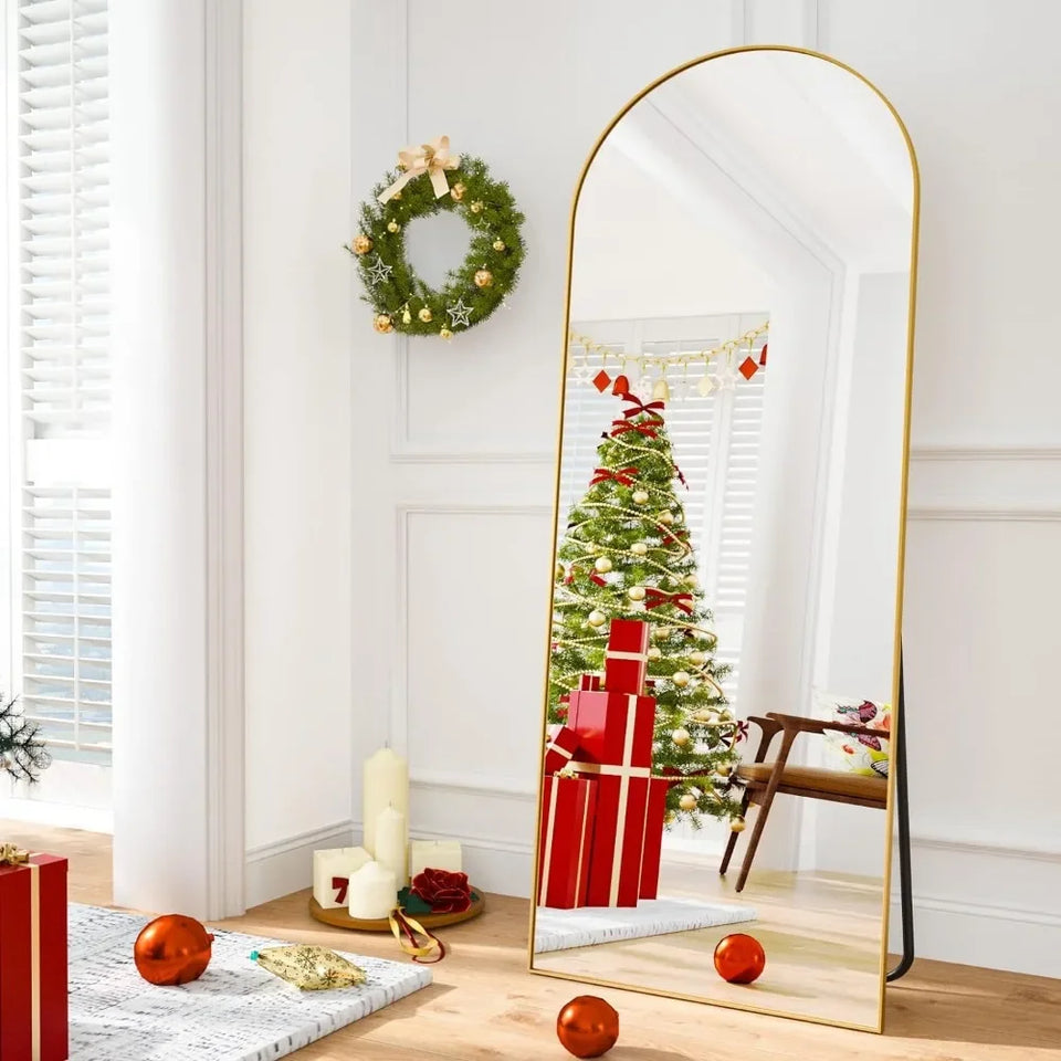 64"x21" Arched Full Free Standing Leaning Mirror Hanging Mounted Mirror Aluminum Frame Modern Simple Home Decor , Gold