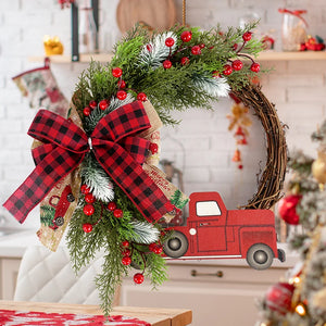 38CM Christmas Door Wreath Garland Wooden Car Red Berry Wall Hanging Ornament Merry Christmas Decoration for Home  New Year 2024