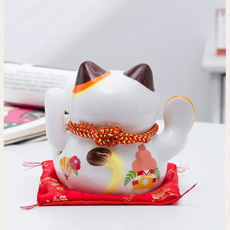 5 inch Ceramic Fortune Cat Waving Hand Lucky Cat Plutus Cat Battery Powered Feng Shui Maneki Neko Best Gift Home Decoration