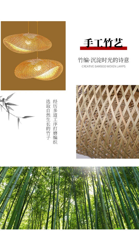 Rattan Wicker Bamboo Wood Pendant Light Ceiling Lustre Chandelier Hanging Lamp Hand Knitted Braided Home Living Bed Room Decor