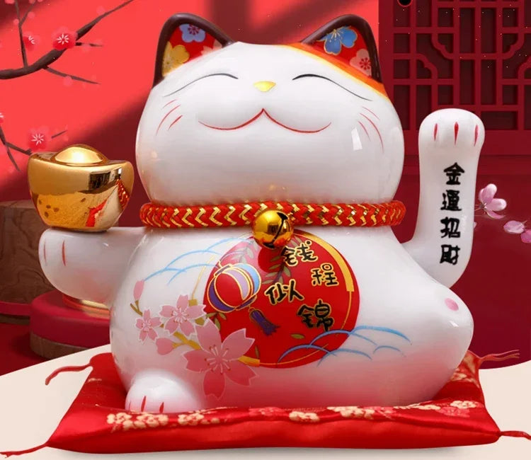 5 inch Ceramic Fortune Cat Waving Hand Lucky Cat Plutus Cat Battery Powered Feng Shui Maneki Neko Best Gift Home Decoration