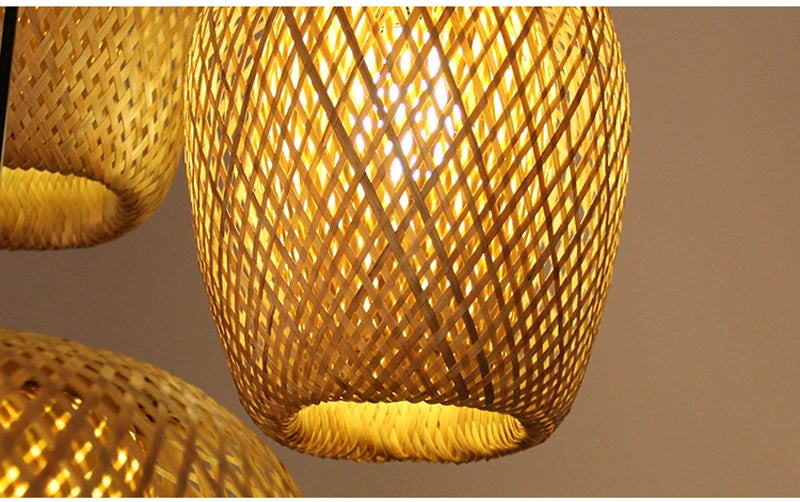 Rattan Wicker Bamboo Pendant Light Fixture Ceiling Lustre Chandelier Hanging Lamp Hand Knit Braided Home Living Bed Room Decor