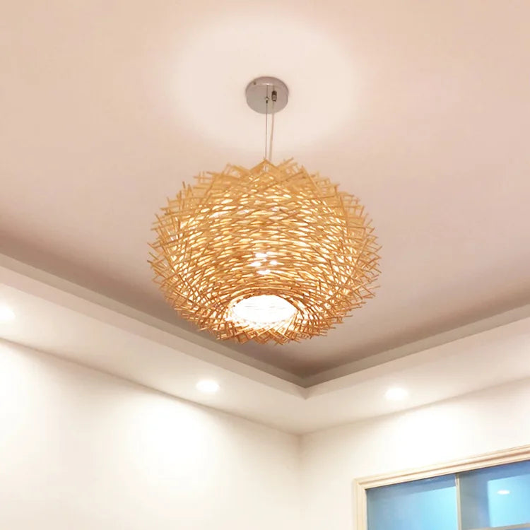 Bamboo Chandelier Pendant Lamp Hanging Wood Ceiling Light Decor LED Chinese Hand Kitted Handmade Lighting for Home Living Room