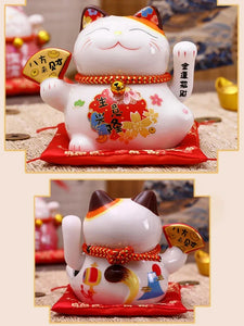 5 inch Ceramic Fortune Cat Waving Hand Lucky Cat Plutus Cat Battery Powered Feng Shui Maneki Neko Best Gift Home Decoration