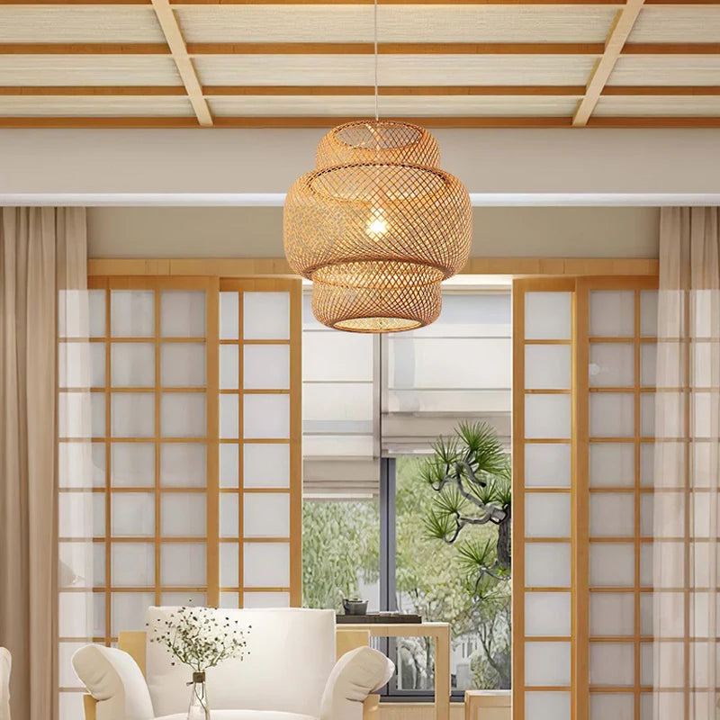 Bamboo Hanging Lamp Pendant Ceiling Light Rattan Wicker Lustre Hand Knit Braiding Suspended Home Dining люстра потолочная