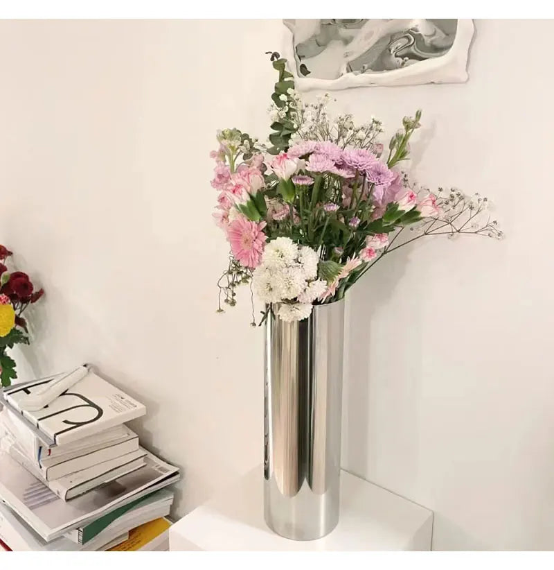 9x28Hcm SUS304 Stainless Steel Vase Decorative Centerpiece For Home or Wedding (Silver)