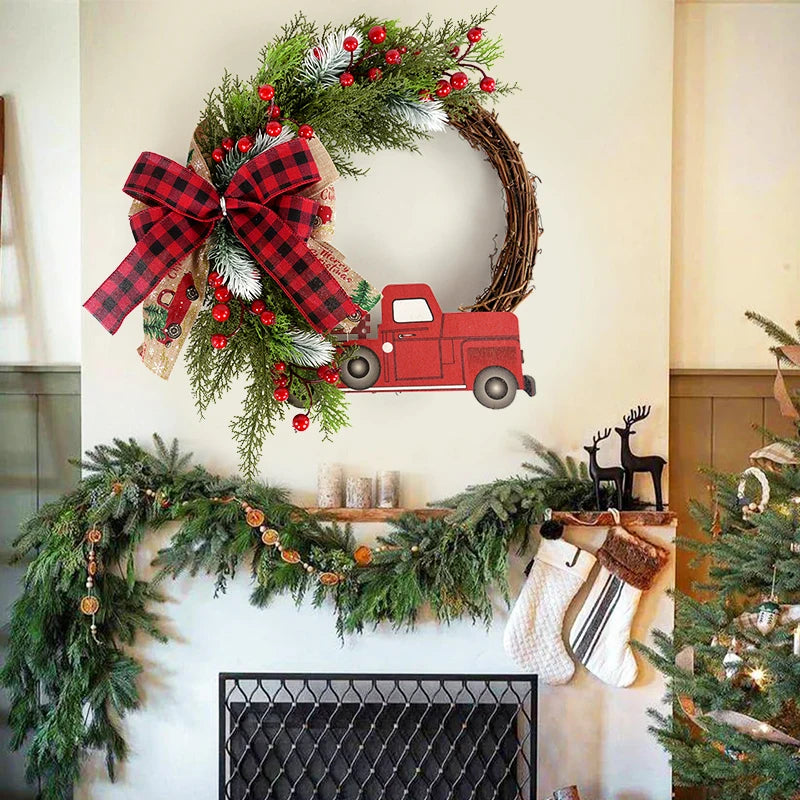 38CM Christmas Door Wreath Garland Wooden Car Red Berry Wall Hanging Ornament Merry Christmas Decoration for Home  New Year 2024