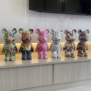 28cm Colorful Graffiti Bearbrickly Statue ABS Figurines Bears Brick Sculptures Modern Living Room Desktop Ornaments Home Decor