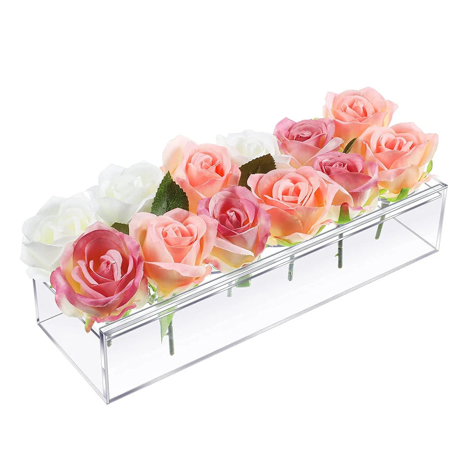 Clear Acrylic Rectangular Flower Vase With Lid Wedding Dinner Table Floral Centerpiece Morden Floral Vases Desktop Home Decorate