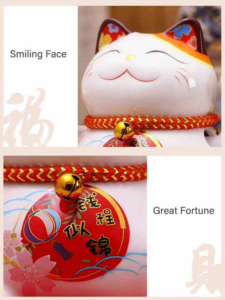 5 inch Ceramic Fortune Cat Waving Hand Lucky Cat Plutus Cat Battery Powered Feng Shui Maneki Neko Best Gift Home Decoration