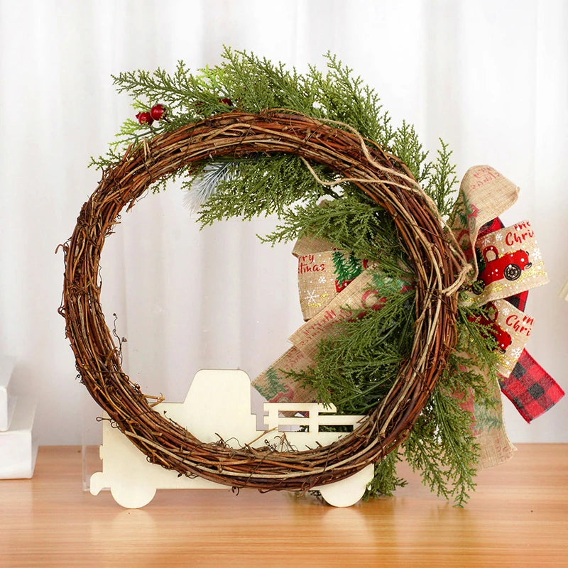 38CM Christmas Door Wreath Garland Wooden Car Red Berry Wall Hanging Ornament Merry Christmas Decoration for Home  New Year 2024