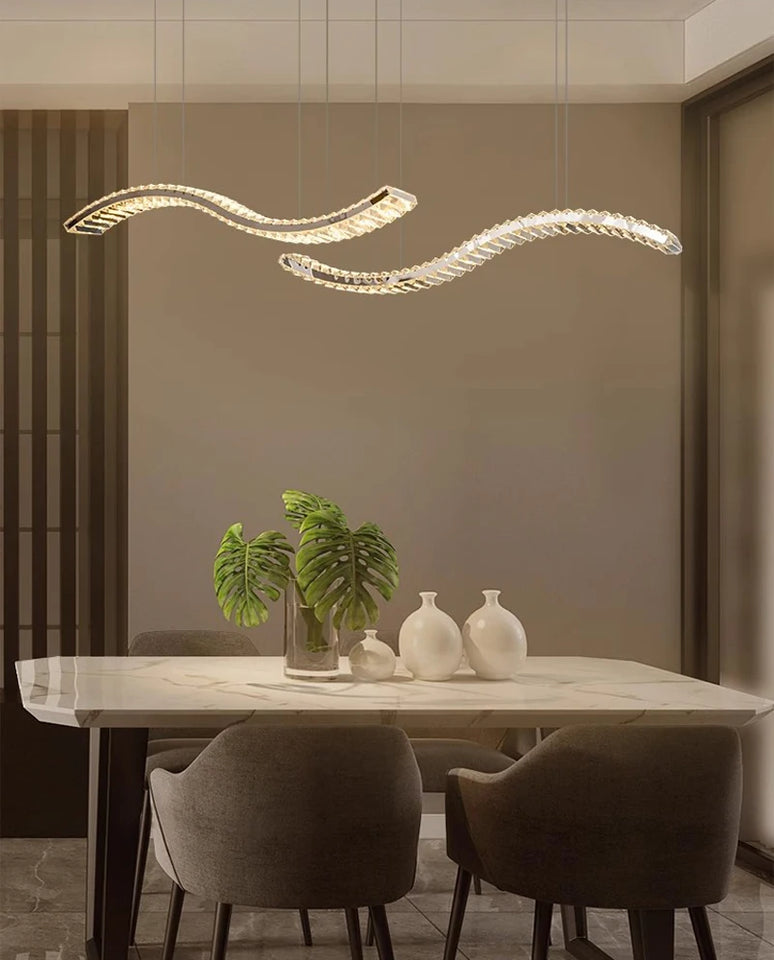 2024 Dining Room Lustre Remote Control Dimmable Pendant Lights Luxury K9 Crystal Hang Chandelier Wave Steel Lamp Fixtures